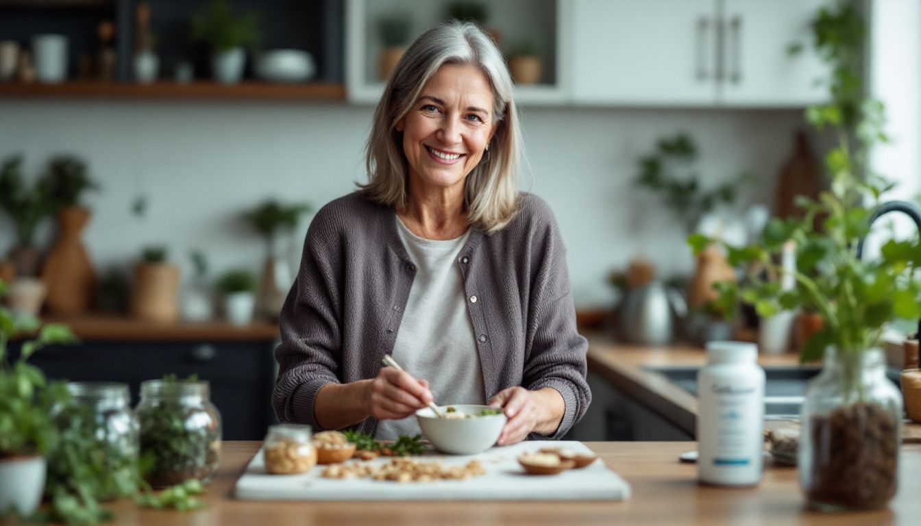 An older woman prepares healthy meal in an organized kitchen.