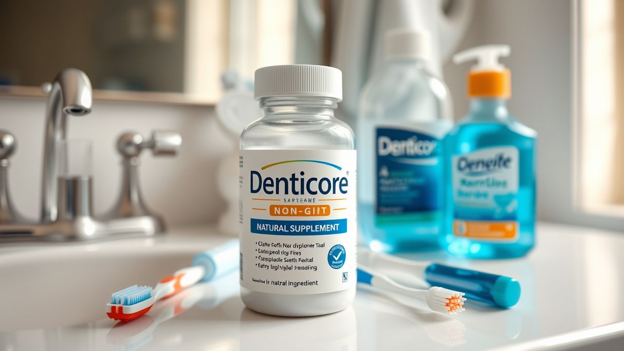 A Denticore dental supplement bottle among oral hygiene products on countertop.