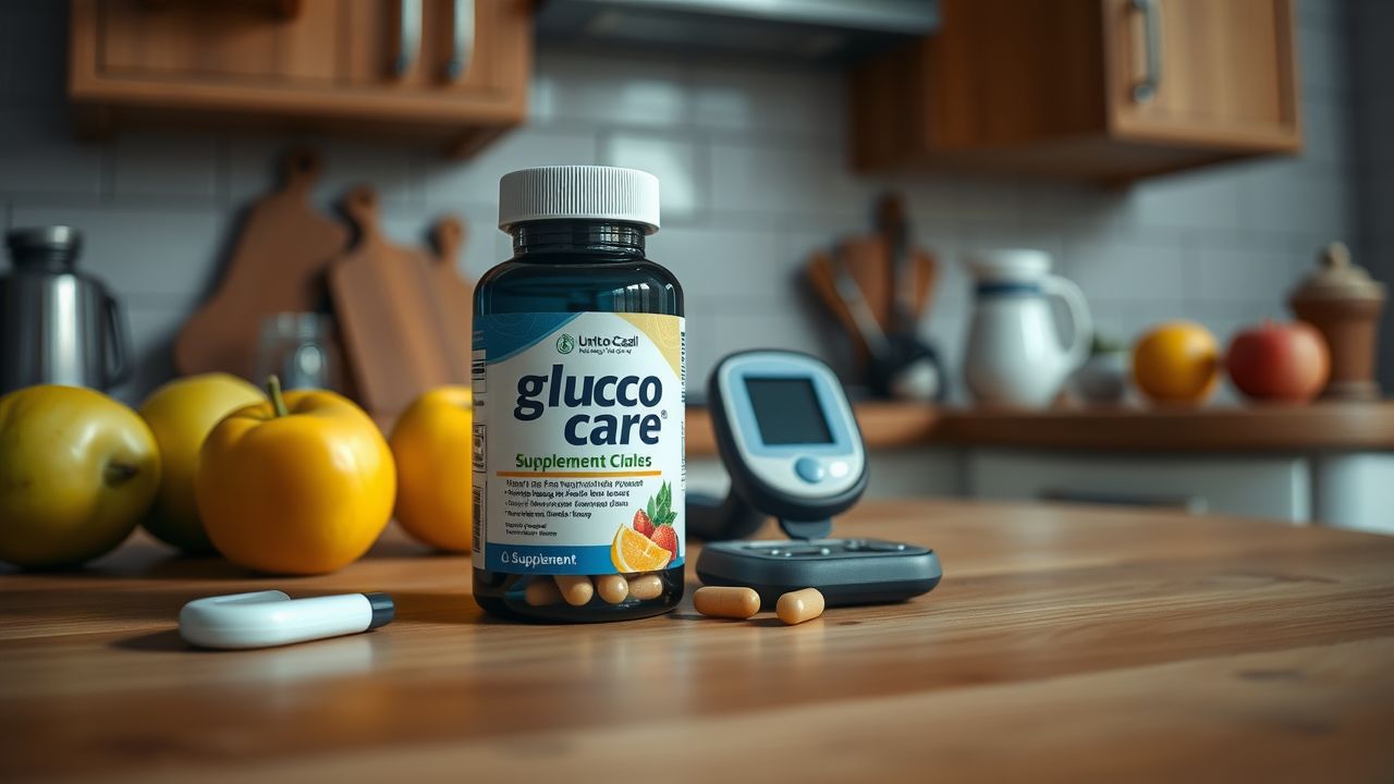 A bottle of Gluco Care supplement pills on kitchen countertop.