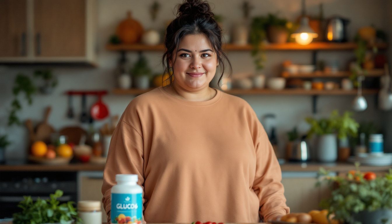 A person standing in a cozy kitchen with a bottle of GLUCO6.