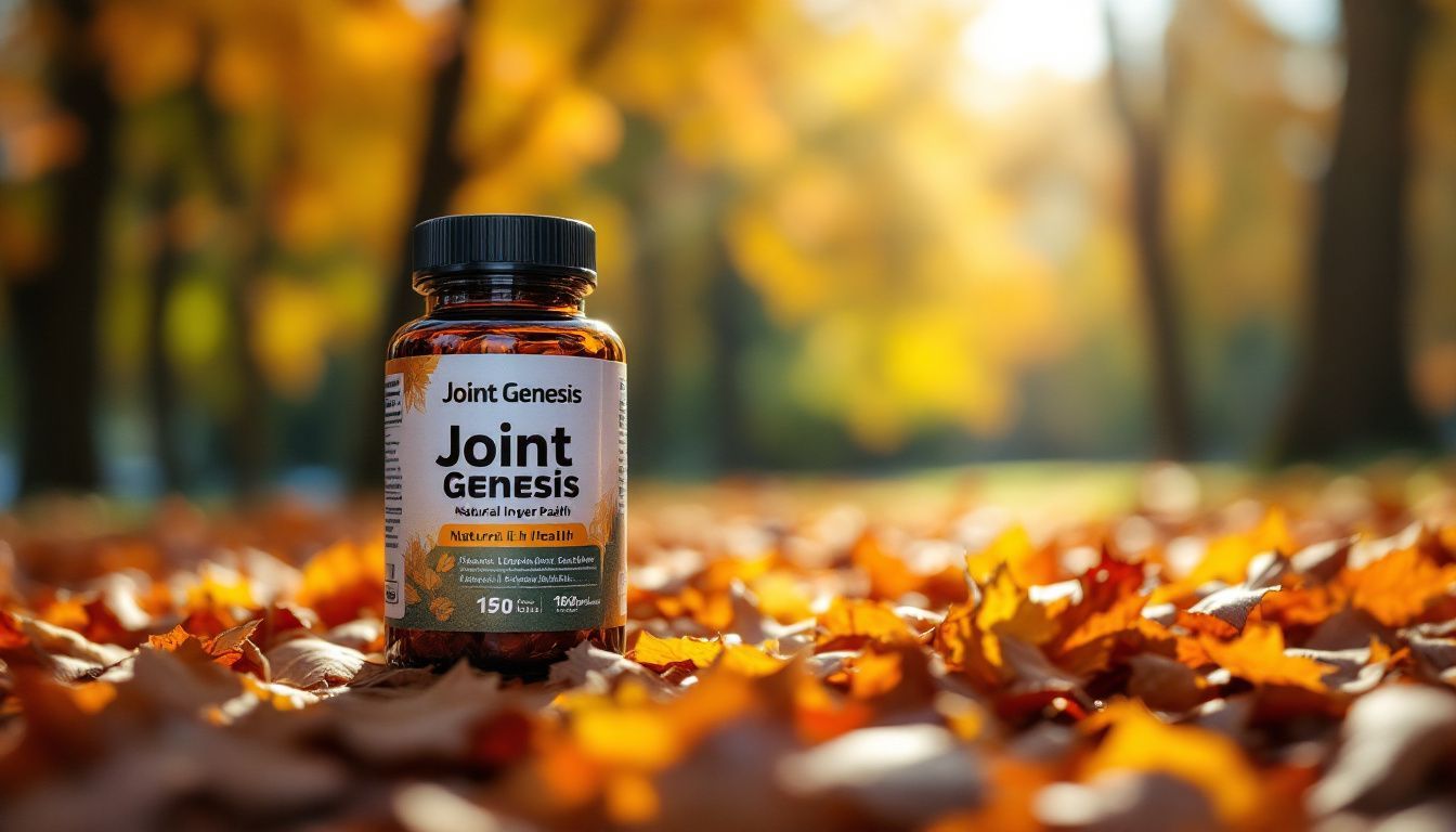 Joint Genesis bottle placed on autumn leaves in a park.