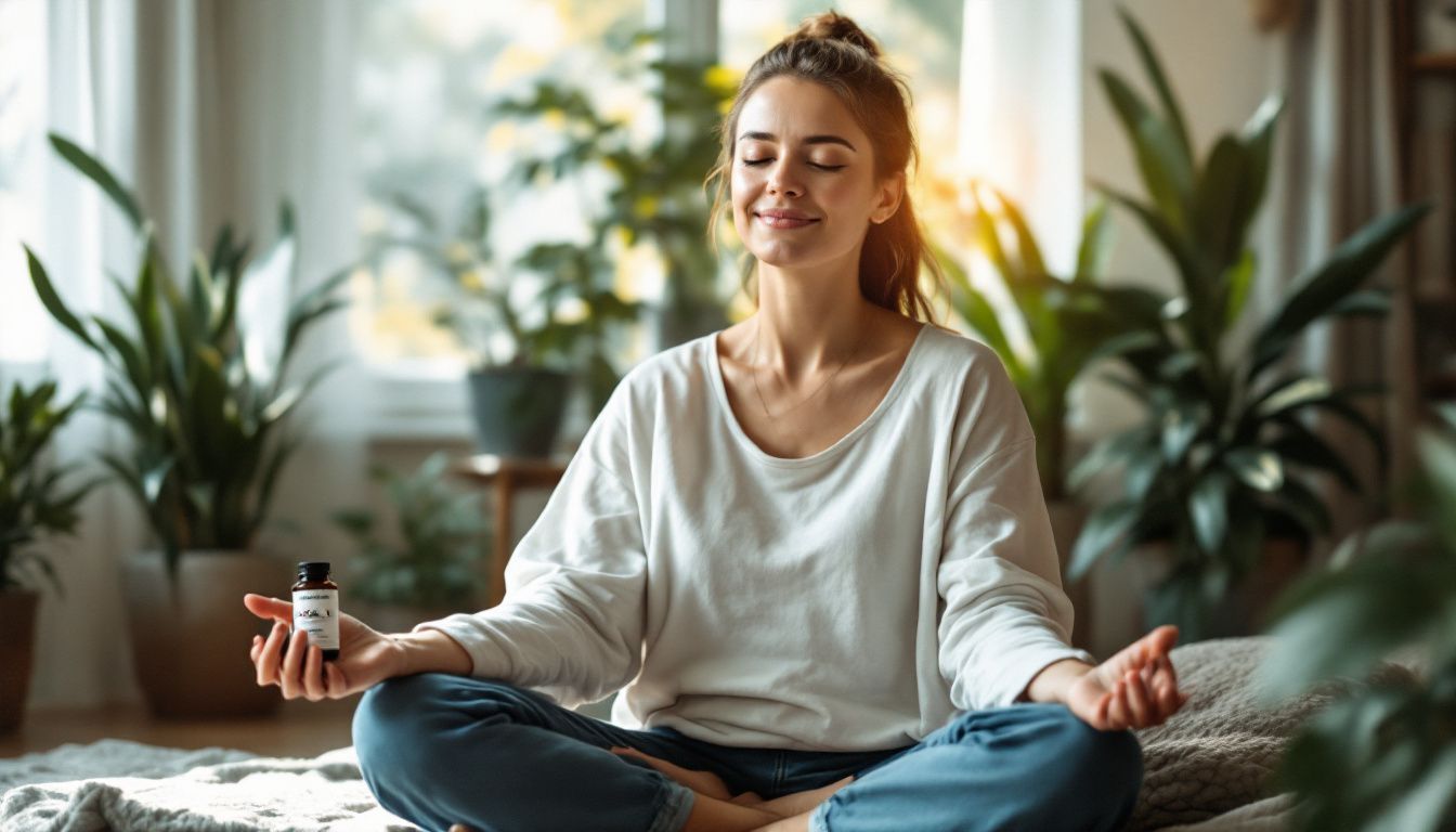 A woman peacefully meditating in a sunlit room with a supplement.