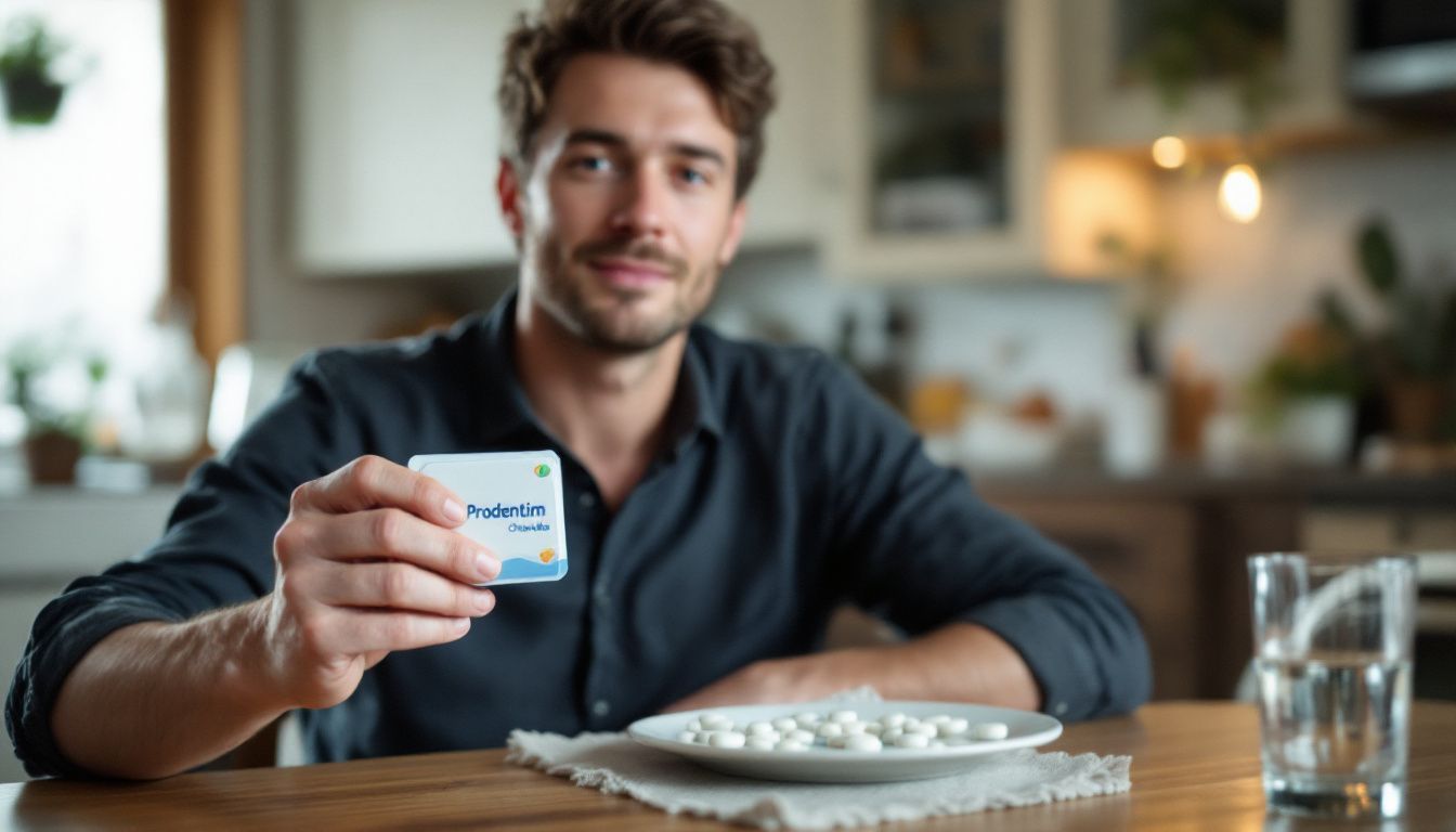 A person holding Prodentim chewable tablets at a dining table.