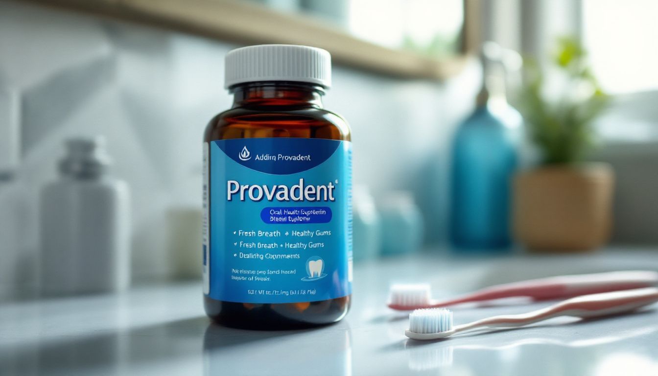 A bottle of Provadent oral health supplement with toothbrush and floss.