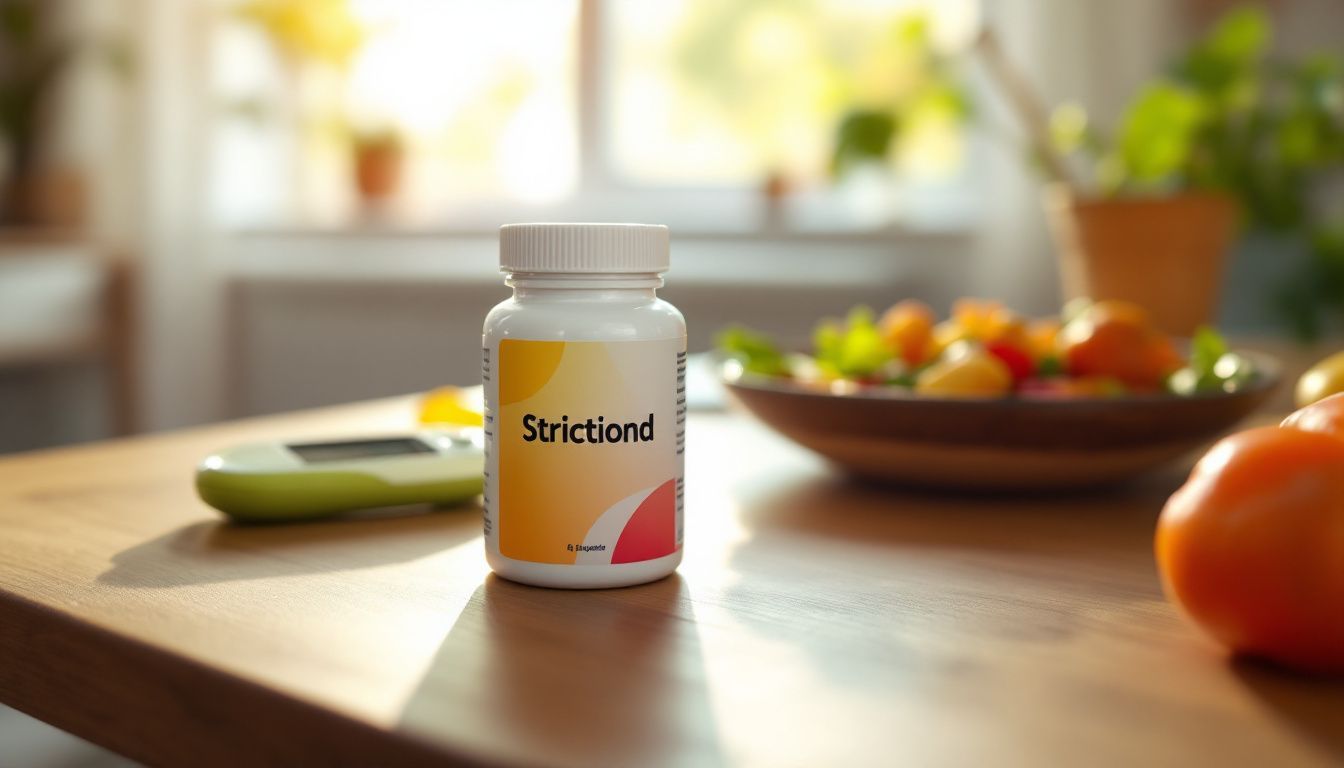 A bottle of Strictiond supplement with blood glucose monitor and meal.